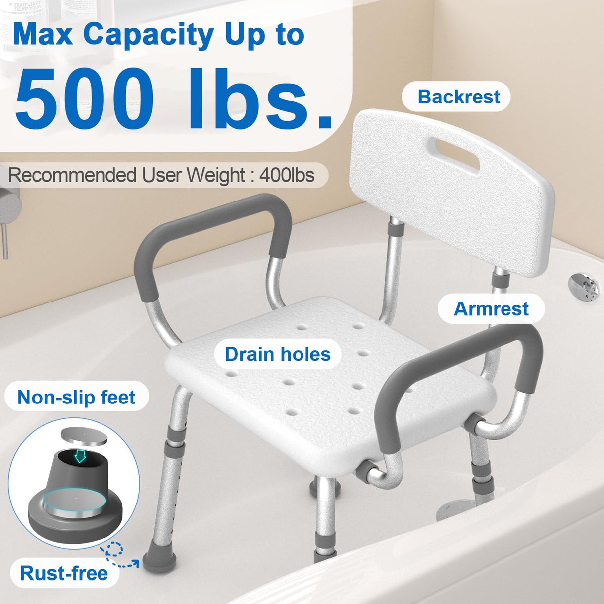 HOMLAND Shower Chair for Inside Shower with Arms and Back, FSA/HSA Eligible 500 lbs Heavy Duty Shower Seat for Bathtub, Height Adjustable Safety Bath Seat for Elderly, Adults, Handicap and Disabled