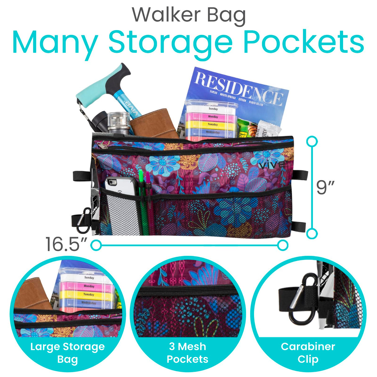Vive Walker Bag - Accessories Wheelchair Basket Pouch (Water Resistant) - Seniors Caddy Accessory Attachment for Folding, Rolling Walkers - Carry Storage Carrier Tote - Lightweight, Universal Size