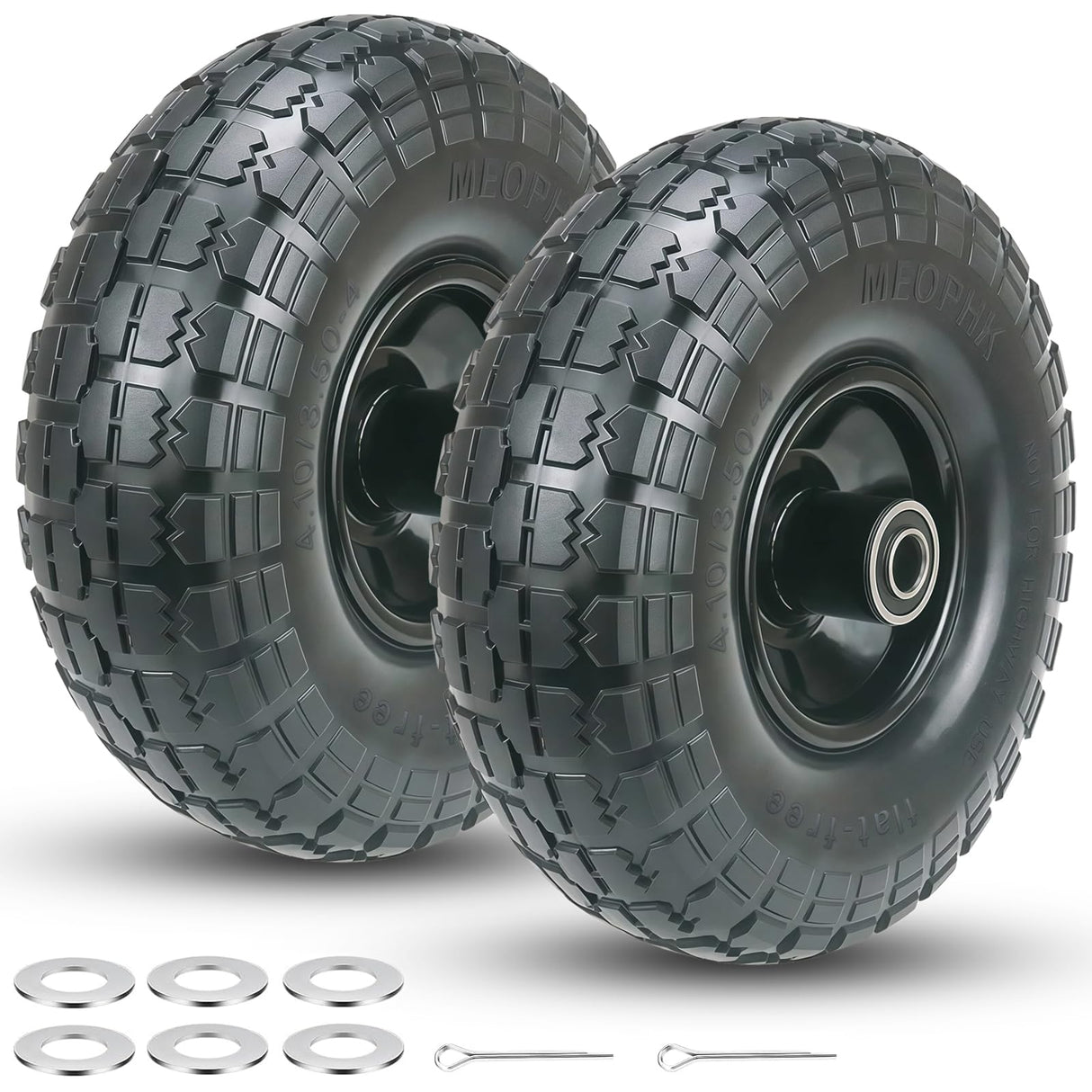 Meophk 4.10/3.50-4 Flat Free Tire and Wheel, 10 Inch Replacement Wheels for Gorilla Cart, Hand Truck, Dolly & Utility Cart, Solid Tire with 5/8" Axle Bore Hole and Double Sealed Bearings, 2 Pack