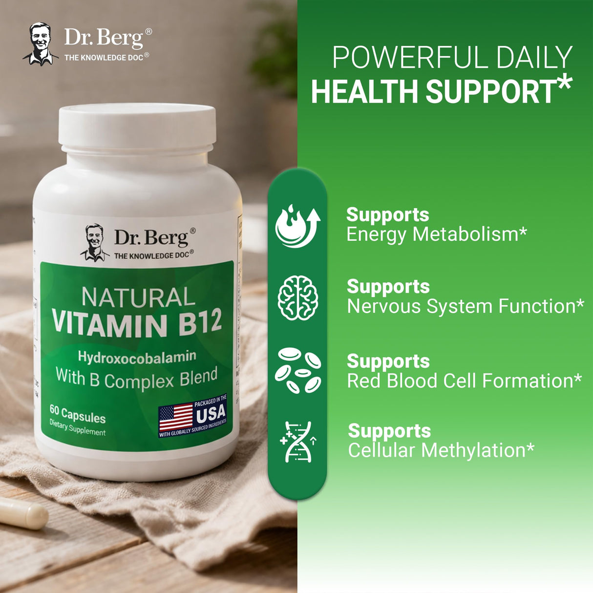 Dr. Berg Natural Vitamin B12 1000 mcg (Hydroxocobalamin) 60 Capsules β Energy, Brain & Nervous System Support* β w/B-Complex + Magnesium β 4X Lab Tested, GMO-Free, No Fillers