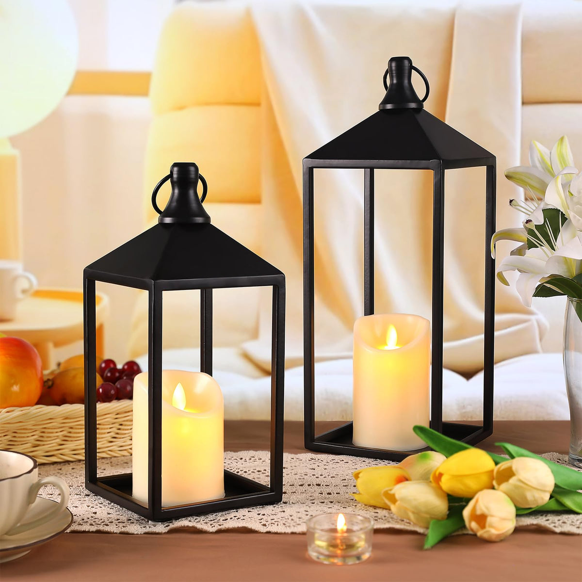 2 Pcs Black Decorative Metal Lanterns Farmhouse Lantern Decor with Candles