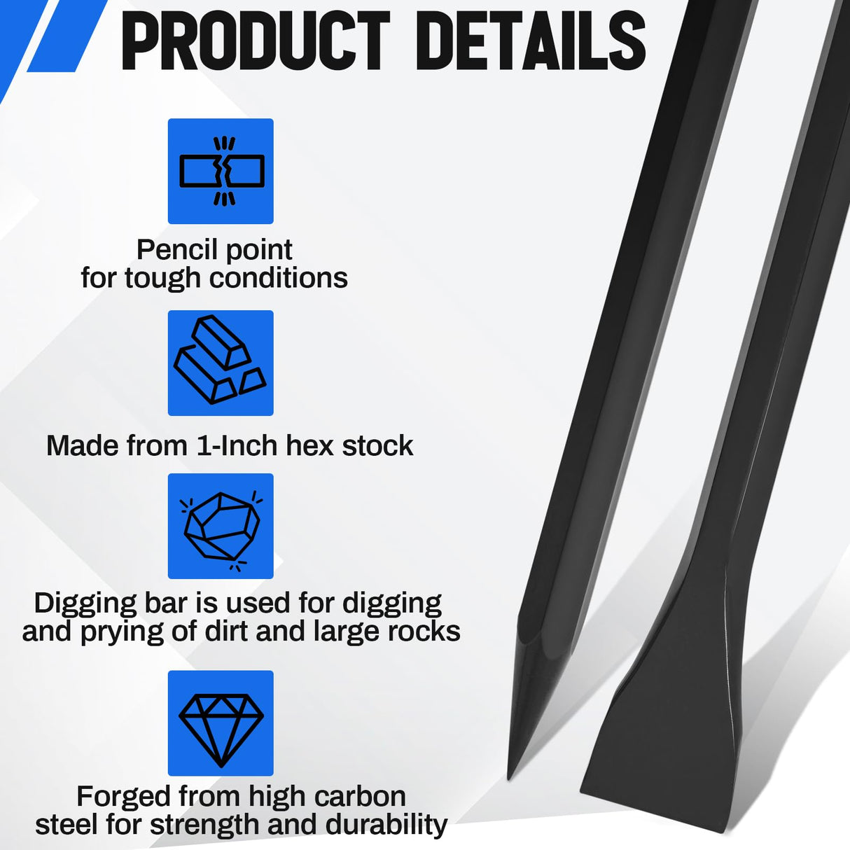 Leriton 60" (5ft) Chisel Digging Bar 13Lb (6.2kg) Pencil Point Wrecking Pry Road Bar Post Hole Diggers for Digging Prying of Dirt and Large Rocks