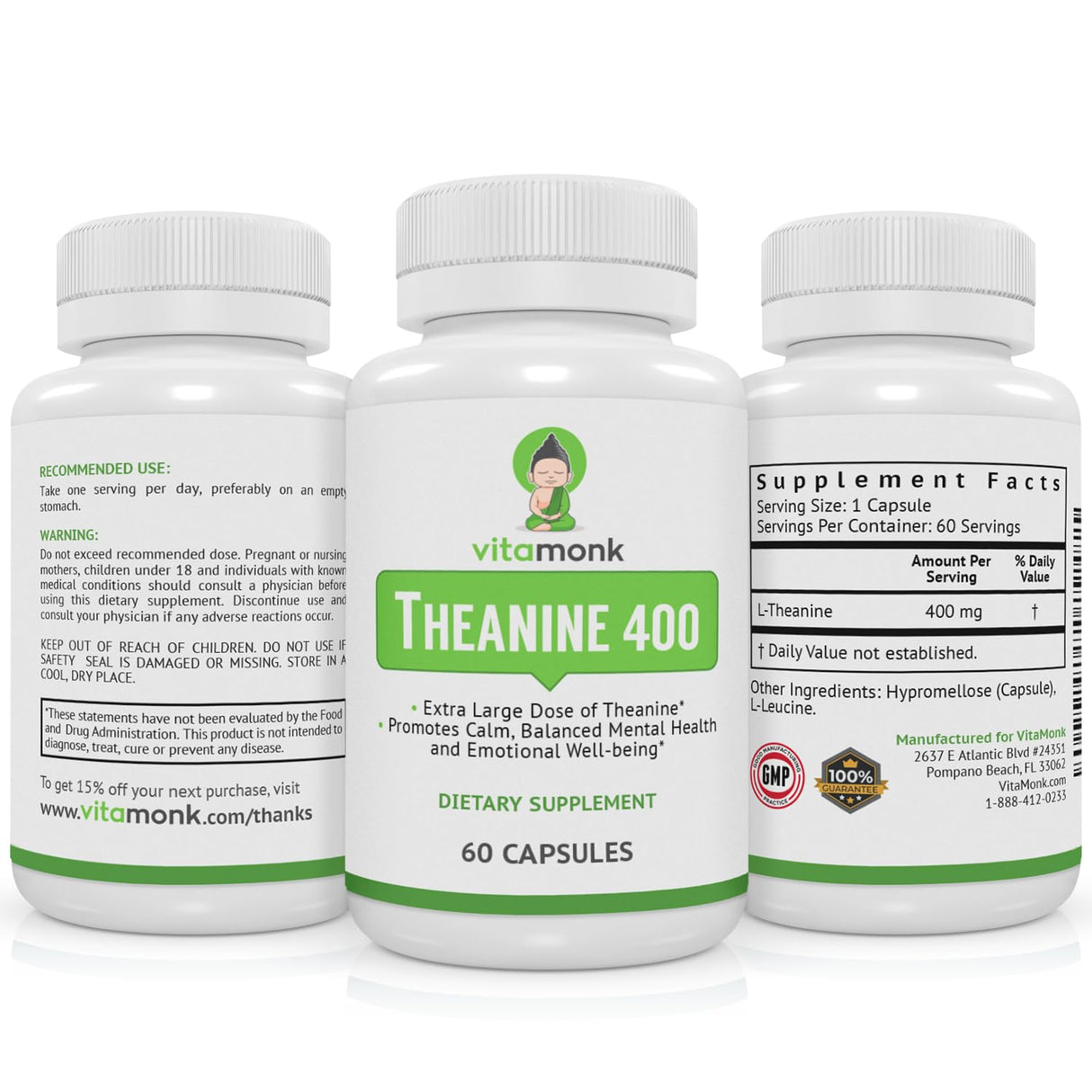 VitaMonk L Theanine 400mg Supplement - L-Theanine 400mg with No Artificial Fillers - Extra Strength L Theanine Supplement - Ltheanine 60 Capsules