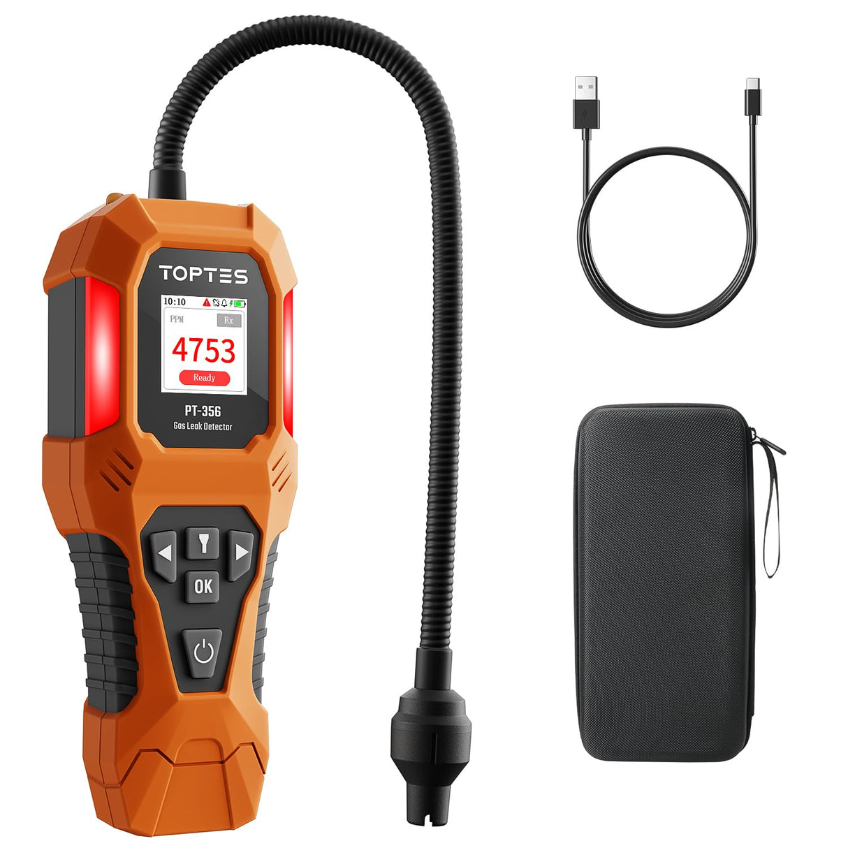 TopTes PT-356 Rechargeable Natural Gas Detector with 10 inch Goose Neck, Detection Range 0-20% LEL, 3 Alarm System Gas Leak Detector with 2 Display Modes for Methane, Butane at Home or Industry