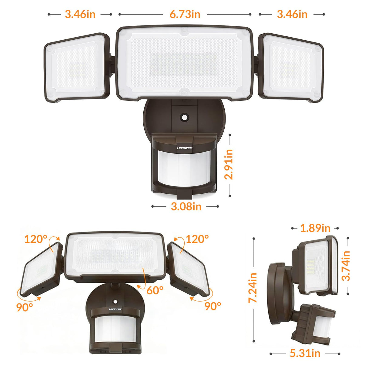 LEPOWER LED Security Light Motion Sensor Light Outdoor, 38W 4200LM Motion Security Light, 5500K, IP65 Waterproof, 3 Head Motion Detected Flood Light for Garage, Yard, Porch (Brown)