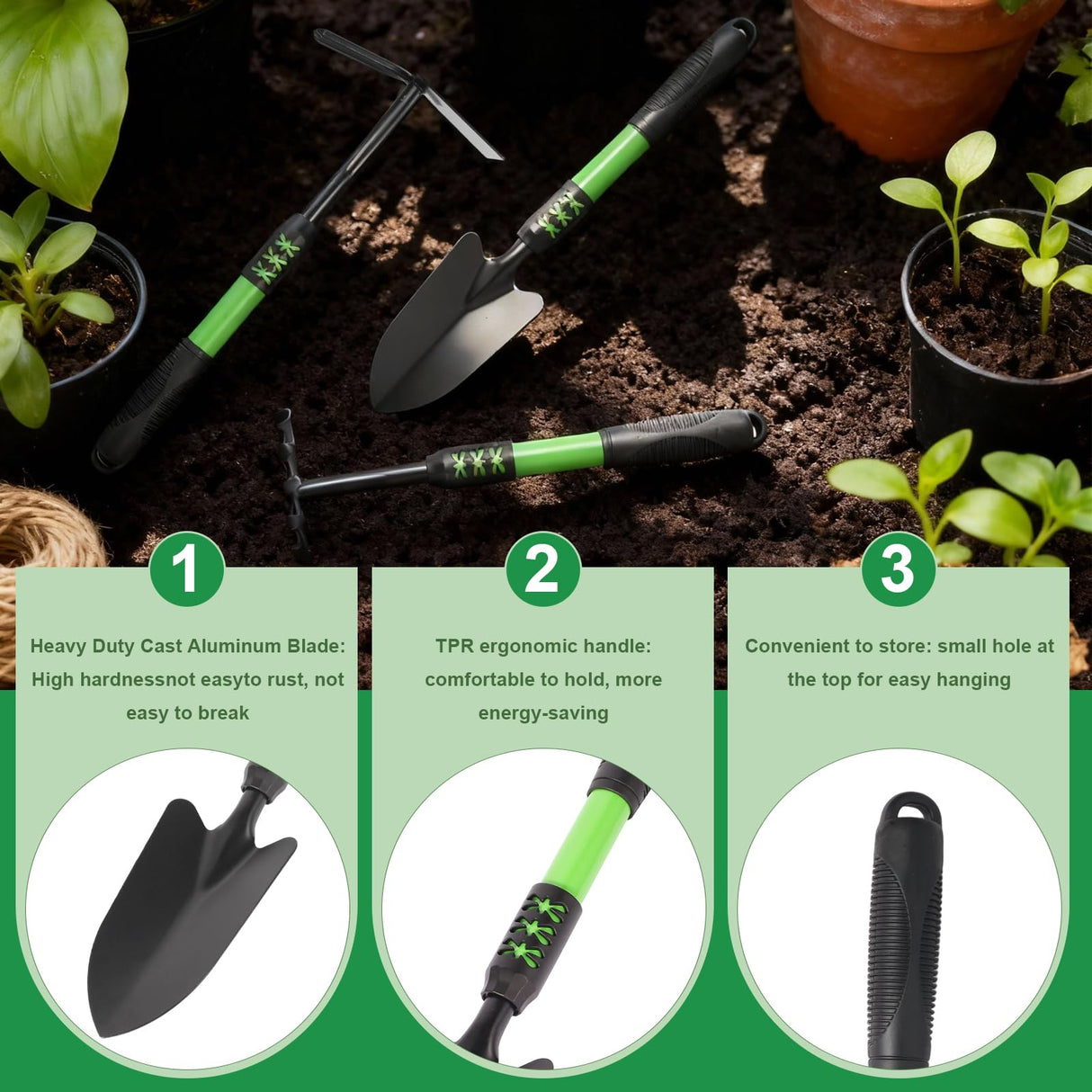Zenrok Gardening Tool, 3 Pack Lightweight Heavy Duty Spade Shovel, Garden Tools and Hand Rake with Soft Rubber Non-Slip Handle, for Gardenging Planting Weeding Digging, Green 