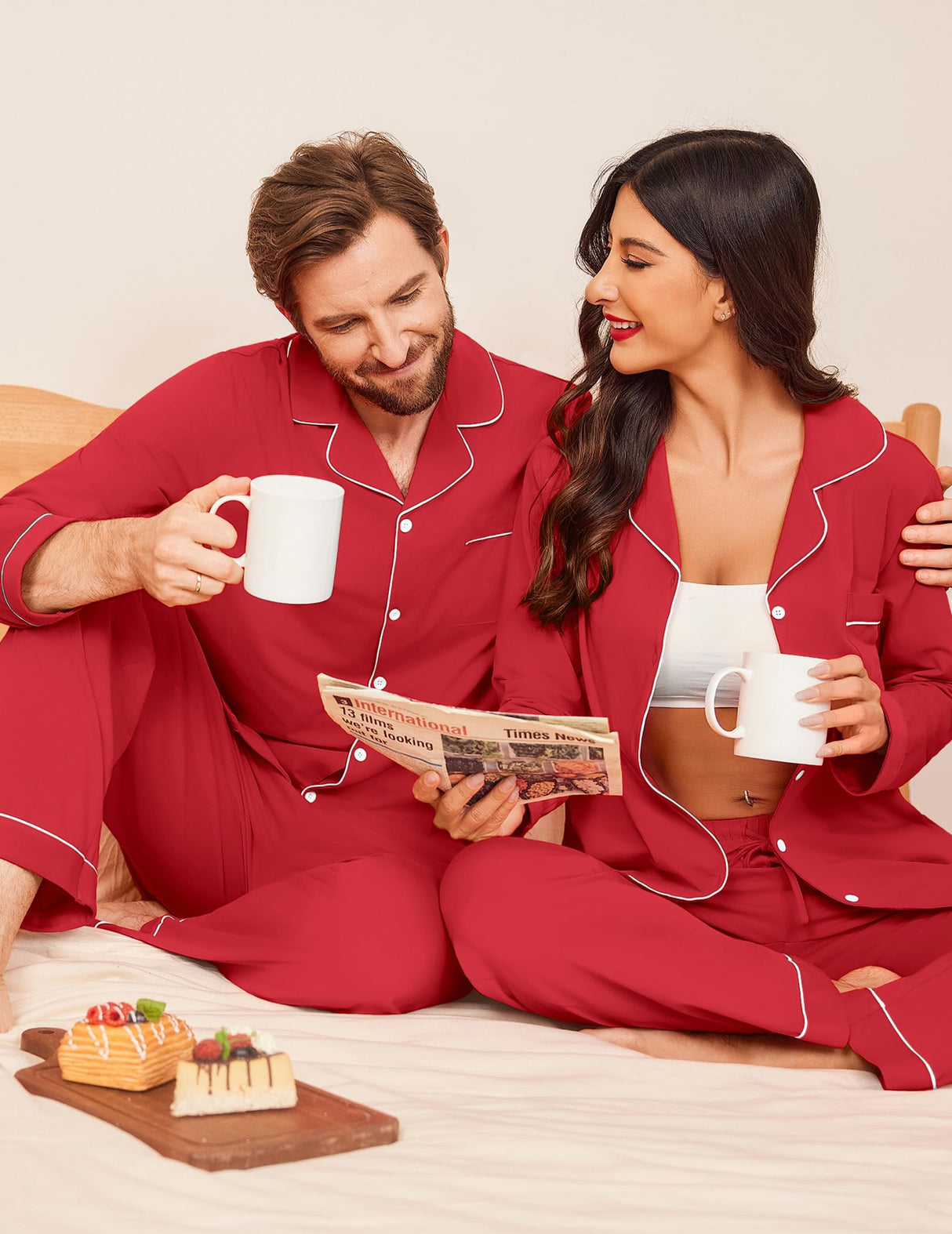 Ekouaer Men's Pajama Set Winter Long Pjs Couples Adults Christmas Sleepwear Lightweight 100% Cotton Lounge Set,Red,XL