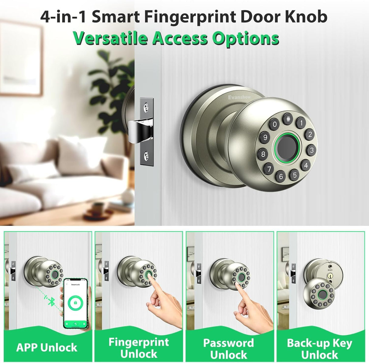 Smart Door Knob Fingerprint Door Lock 4-in-1 Keyless Entry (Fingerprint/App/Code/Key) with Auto-Lock Easy Install for Home/Bedroom/Office-Silver