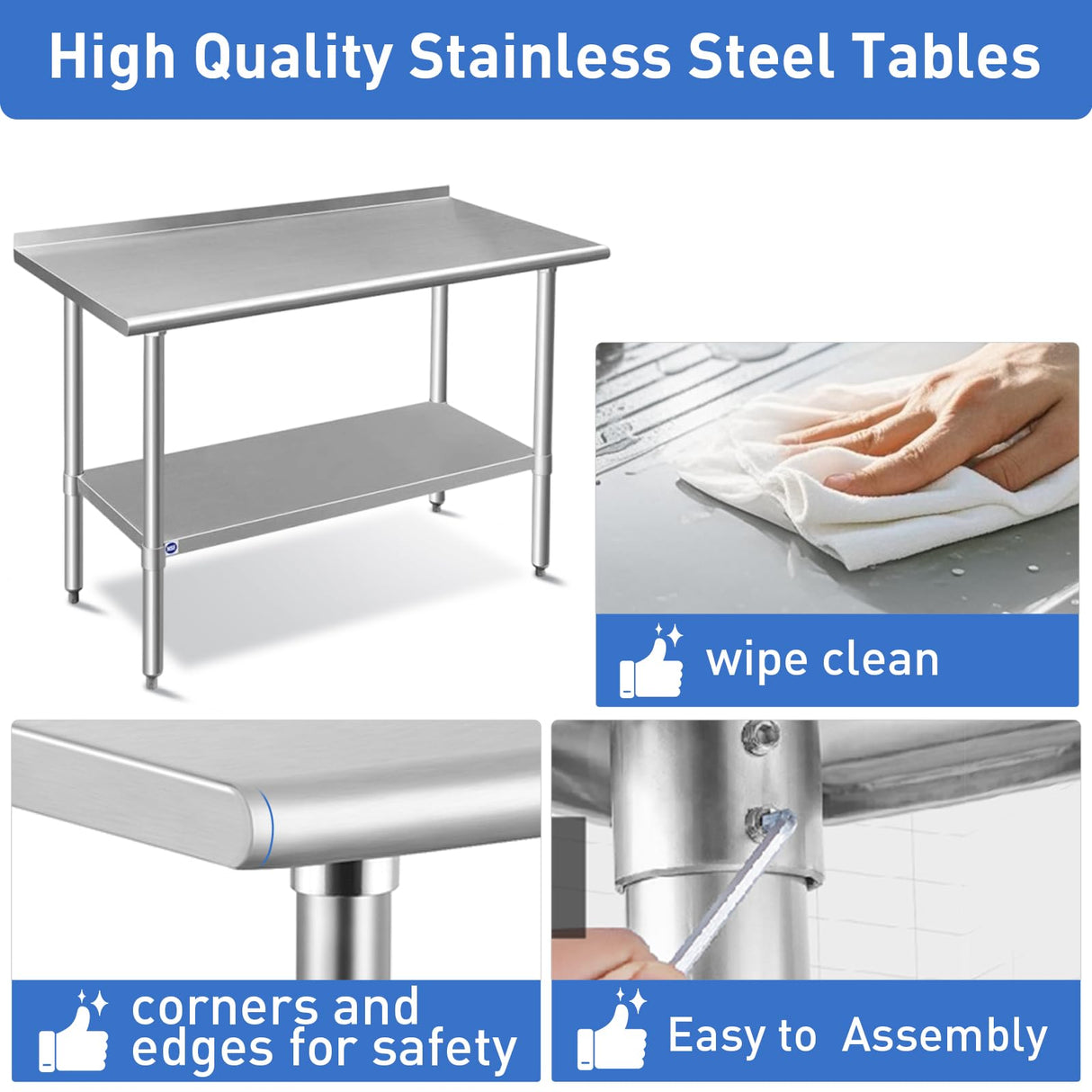 ROCKPOINT Stainless Steel Table for Prep & Work with Backsplash 18x30 Inches, NSF Metal Commercial Kitchen Heavy Duty Table with Adjustable Under Shelf and Table Foot for Restaurant, Home and Hotel