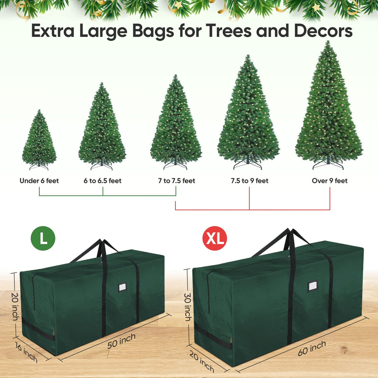 BALEINE 9 ft Christmas Tree Storage Bag, Heavy Duty Extra Large Artificial Christmas Tree Bag with Reinforced Handles and Dual Zippers Wide Opening (Green, 9 ft)