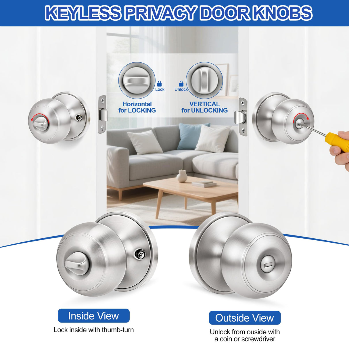 Plustool 10 Pack Brushed Nickel Door Knobs,Privacy Door Knob with Lock, Interior Doorknobs Silver, Keyless Door Locks Set for Bedrooms Bathrooms, Reversible for Left/Right Door Handle