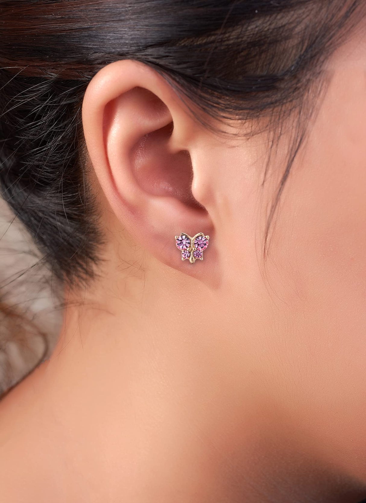 Reggetta Jewelry - Hypoallergenic 18k Gold Plated Butterfly Stud Earrings for Girls, Stainless Steel, with Safety Backs, Pink