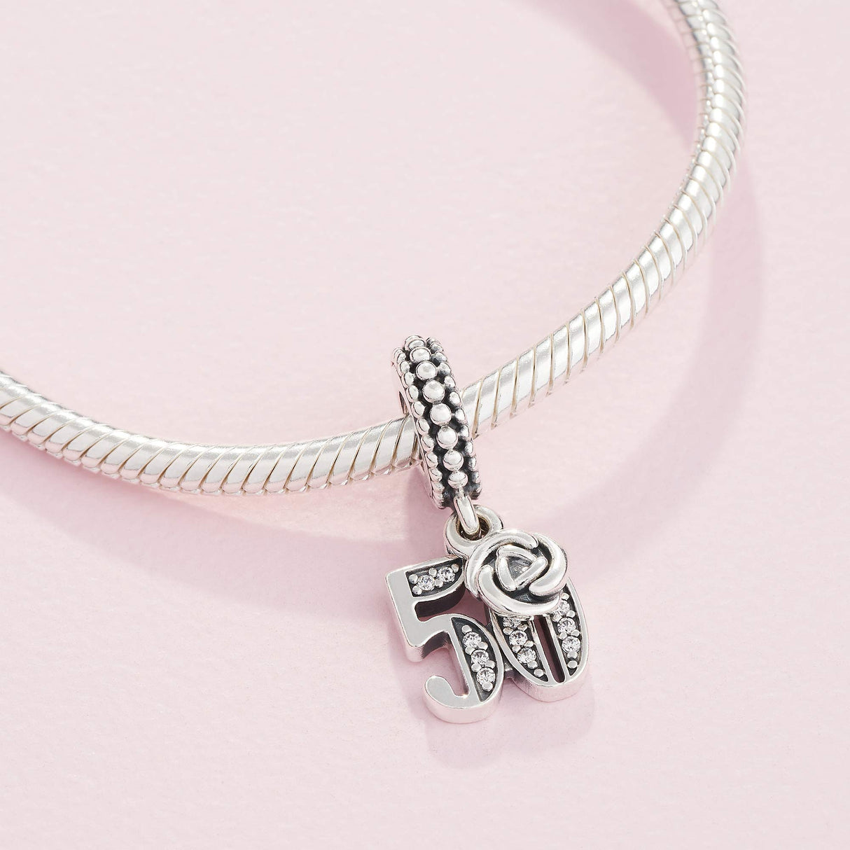 PANDORA 50th Celebration Dangle Charm - Compatible Moments - Sterling Silver with Clear Cubic Zirconia - Gift for Her - Jewelry for Women with Gift Box