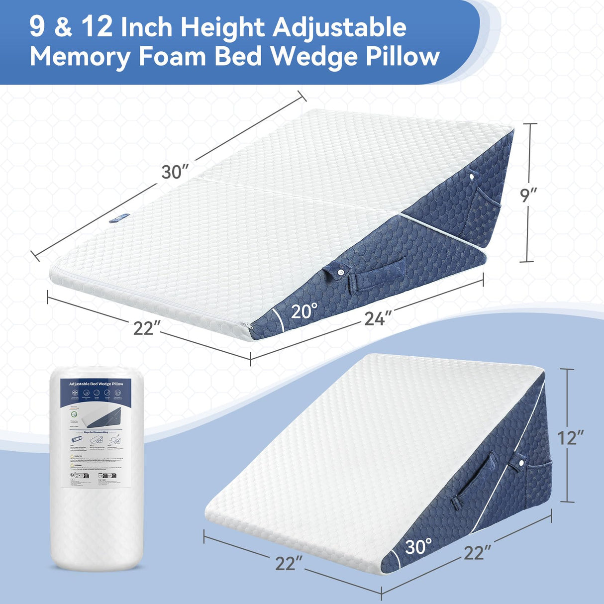 Wedge Pillow with Memory Foam Top, 9 & 12 Inch Bed Wedge for Acid Reflux, Back Pain, Heartburn, 7 in 1 Cooling-Gel Pillow Wedge for After Surgery, Adjustable Elevated Pillows for Sleeping, GERD