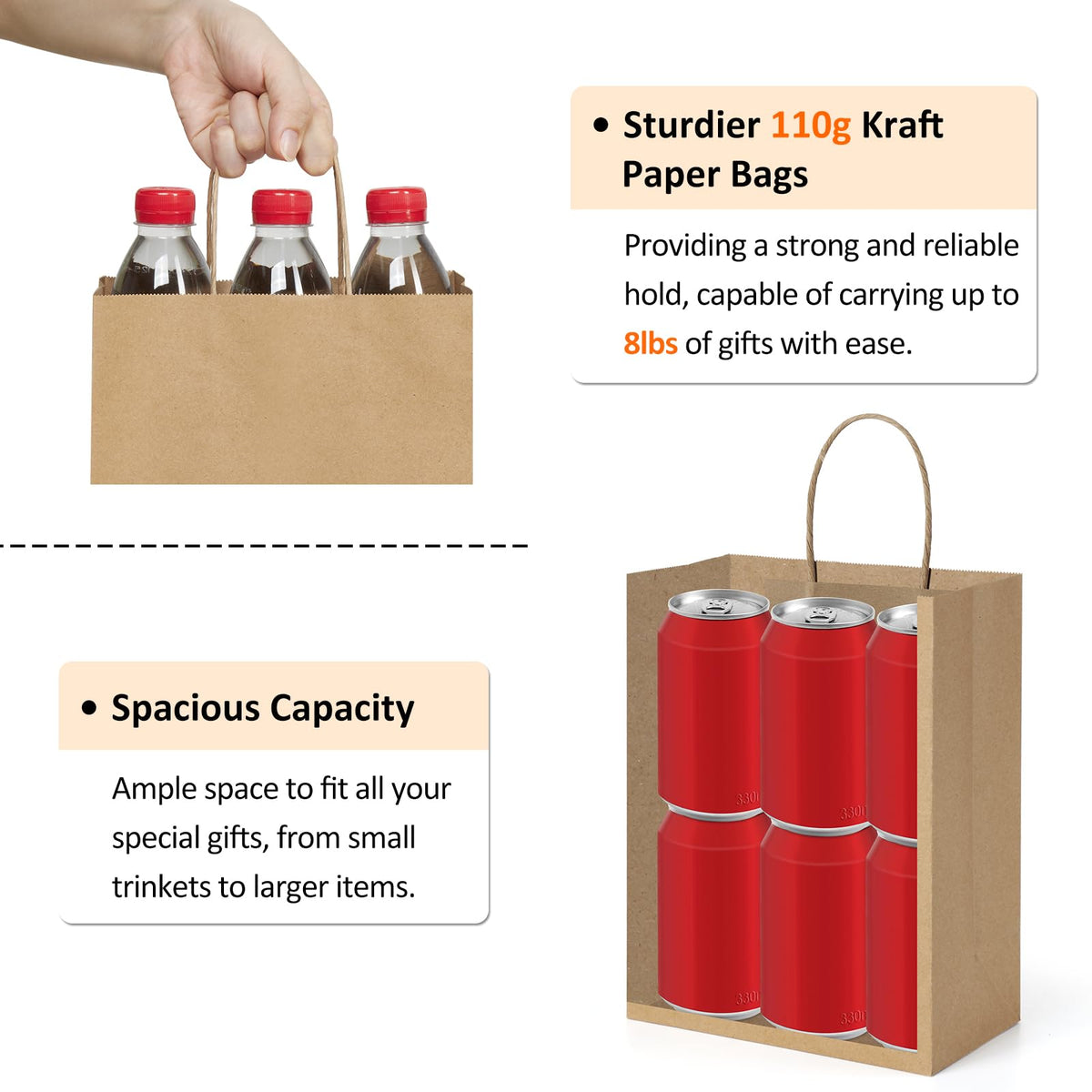 BagDream Gift Bags with Handles 8x4.25x10.5 Inch Brown 50 Pack Bulk
