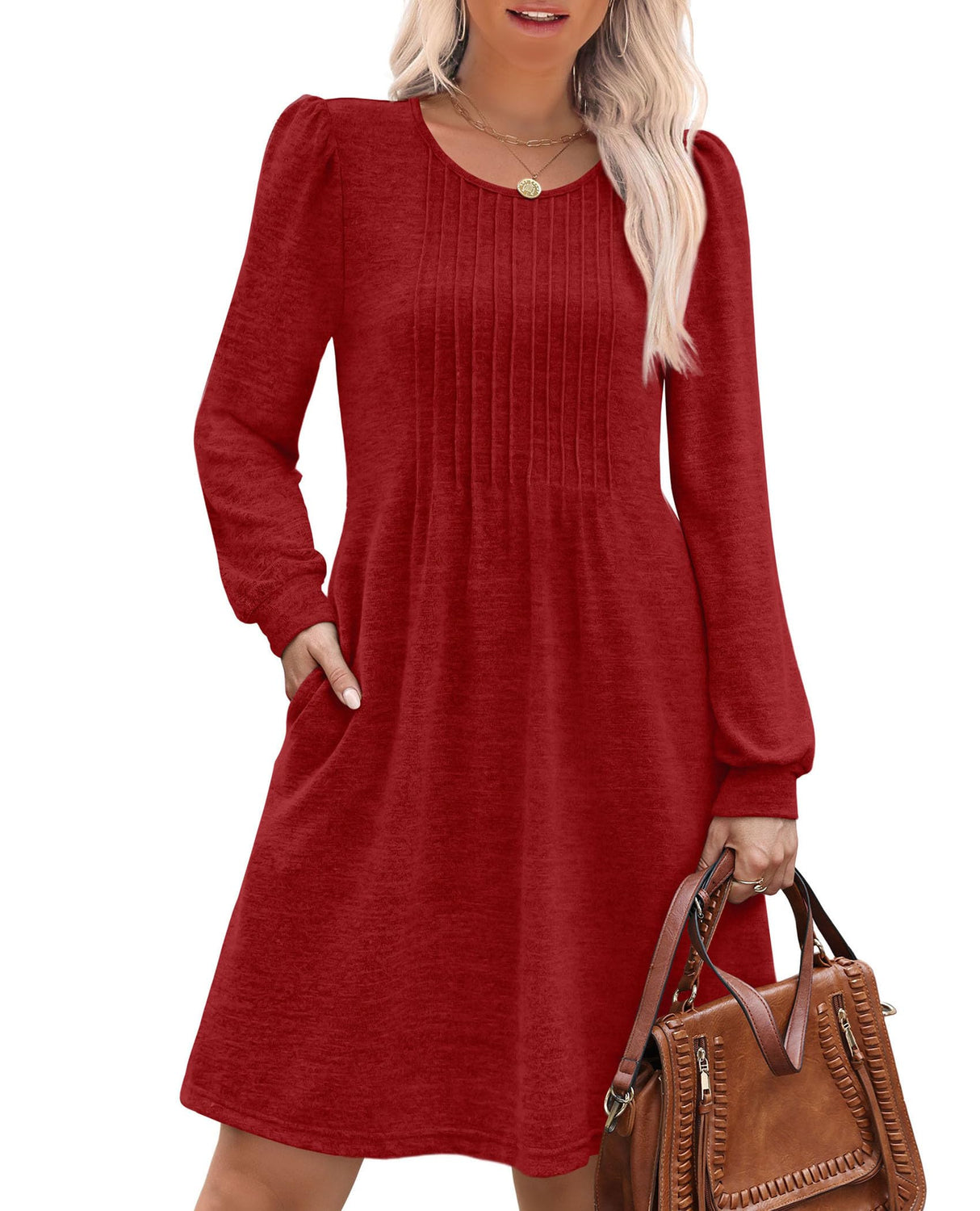 OFEEFAN Christmas Dresses for Women Sweater Dresses for Women 2025 Casual Long Sleeve Dress Pleated Fall Winter Dresses with Pockets Red L