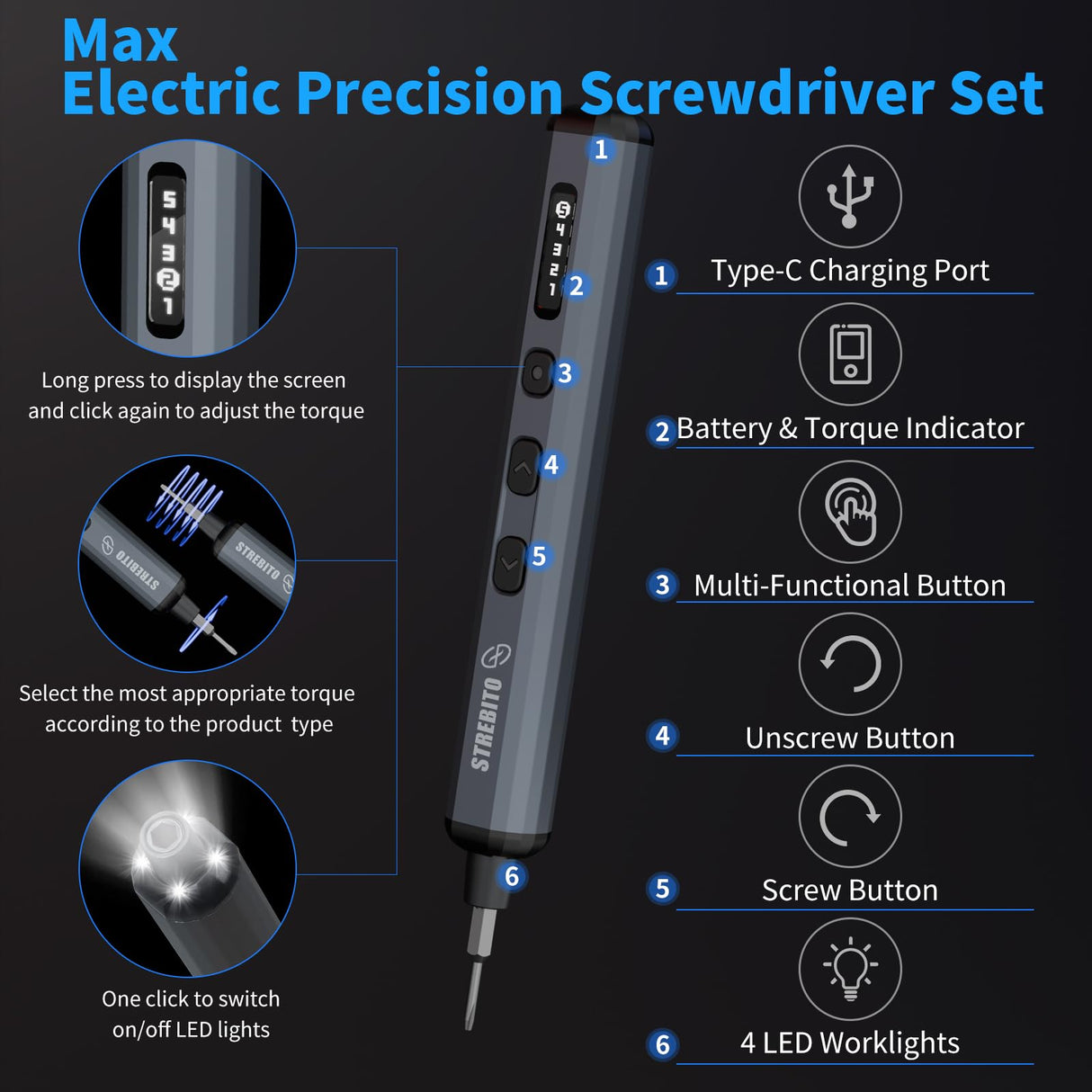 STREBITO Mini Electric Screwdriver Set, 70 in 1 Small Electric Screwdriver - 64 S2 Preicison Bits, 5 Torque Settings, 4 LED Lights, Mini Power Screwdriver Repair Tool Kit for PC Electronic (Upgraded)