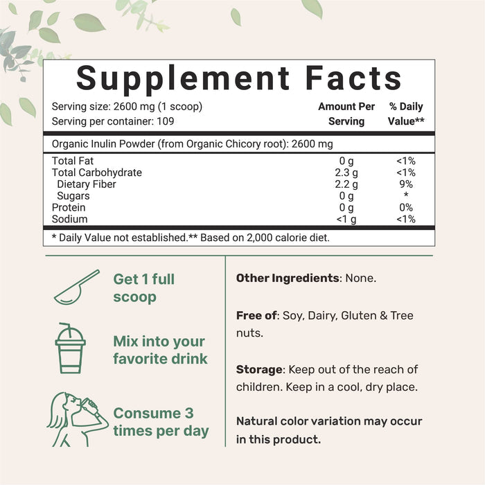 Organic Daily Prebiotic Dietary Fiber Supplement Powder, (Inulin Fiber from Chicory Root), 10 Ounce, Highly Promote Intestinal Colon, Gut Health and Digestive Function, Vegan Friendly