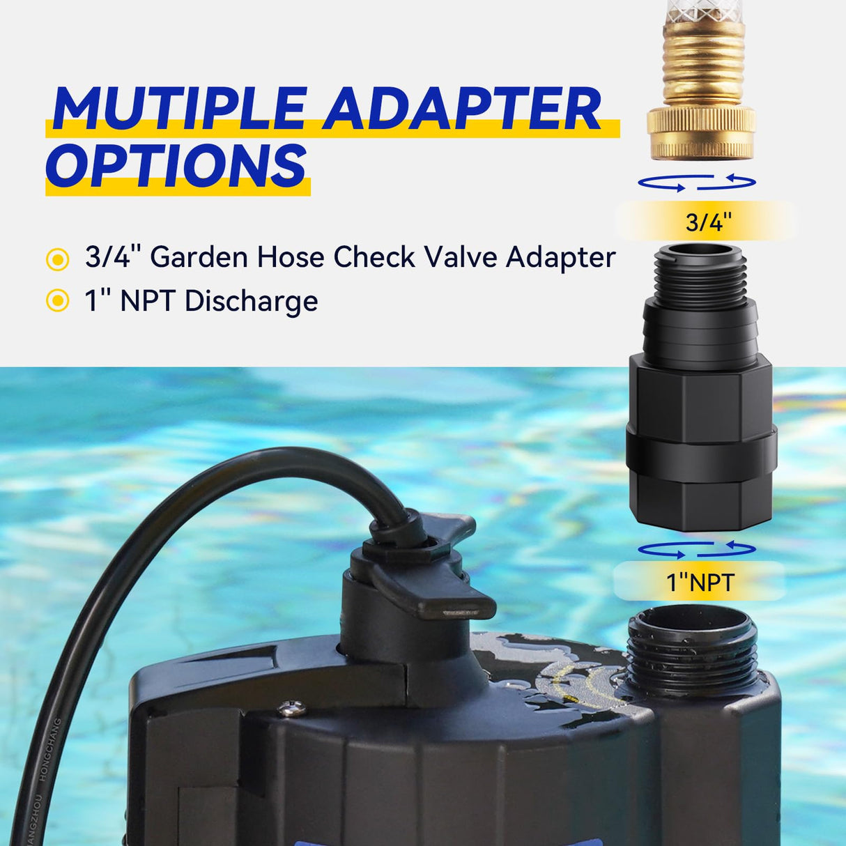 Acquaer 1/3 HP Submersible Water Pump, 115V Sump Pump with 3/4” Garden Hose Adapter, 2160 GPH High Flow Water Removal for Swimming Pool Cover Hot Tubs Flooded House Basement, Black