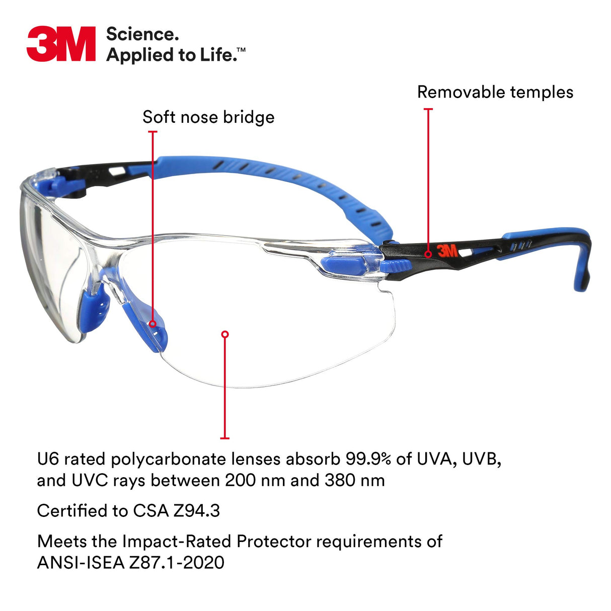 3M Safety Glasses for Men and Women, Solus 1000 Series, ANSI Z87, Scotchgard Anti-Fog, Clear Lens, Low Profile, Blue/Black Frame