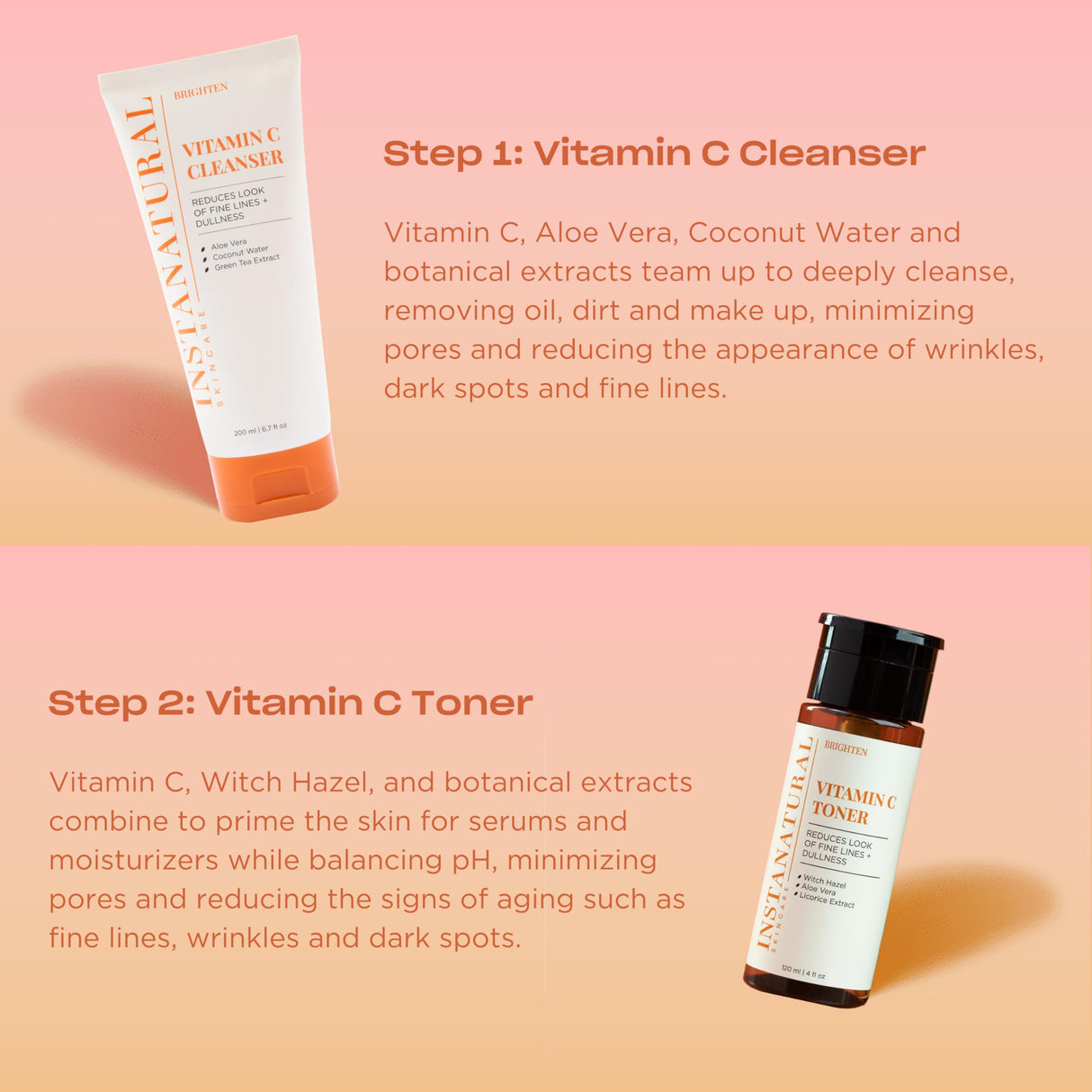 InstaNatural Vitamin C Four Step Skin Care Set, Skincare Routine, Brightens, Hydrates, Prevents Signs of Aging, Face Wash, Toner, Serum and Moisturizer, with Botanical Extracts
