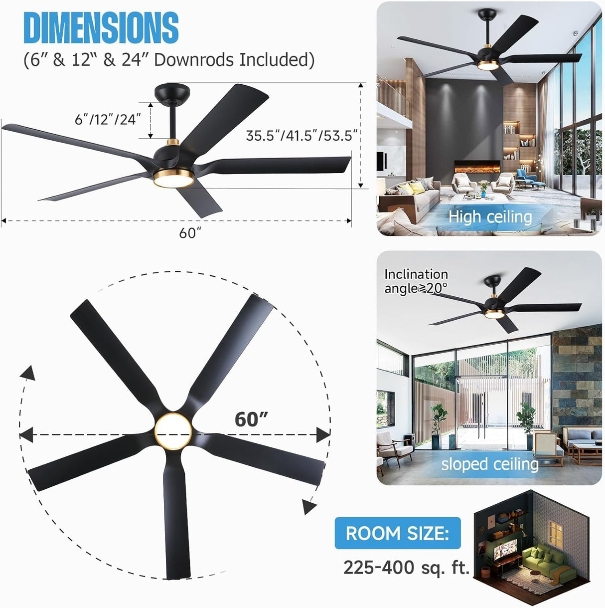 Black Gold Modern Ceiling Fans with Quiet Reversible DC Motor, Smart Ceiling Fan with Remote/App/Alexa Control, Damp-Rated Fan for Indoor Exterior Patios Porch Gazebo