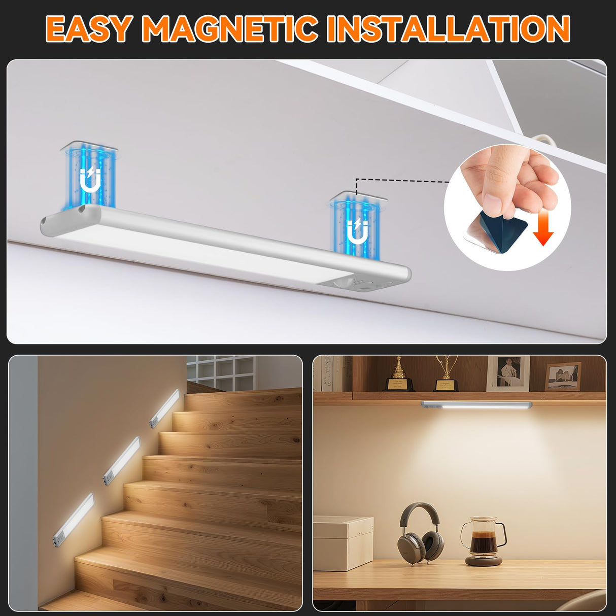 Under Cabinet Lighting Wireless, Rechargeable Motion Sensor Light Indoor, 3 Color Dimmable Closet Light Battery Operated with LED Power Display, Magnetic Under Counter Lights for Kitchen, Home (3Pack)