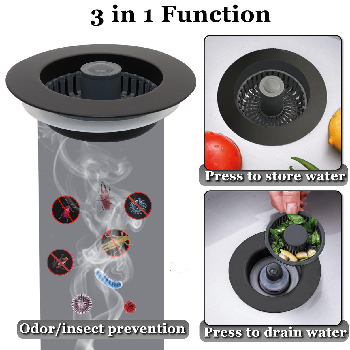 BAOLSLS 3 in 1 Kitchen Sink Stopper, Pop Up Kitchen Sink Drain Strainer, with an Extra Basket Strainer, Kitchen Sink Drain Stopper for US Standard 3-1/2 Inch, Brass Material Electroplate Black
