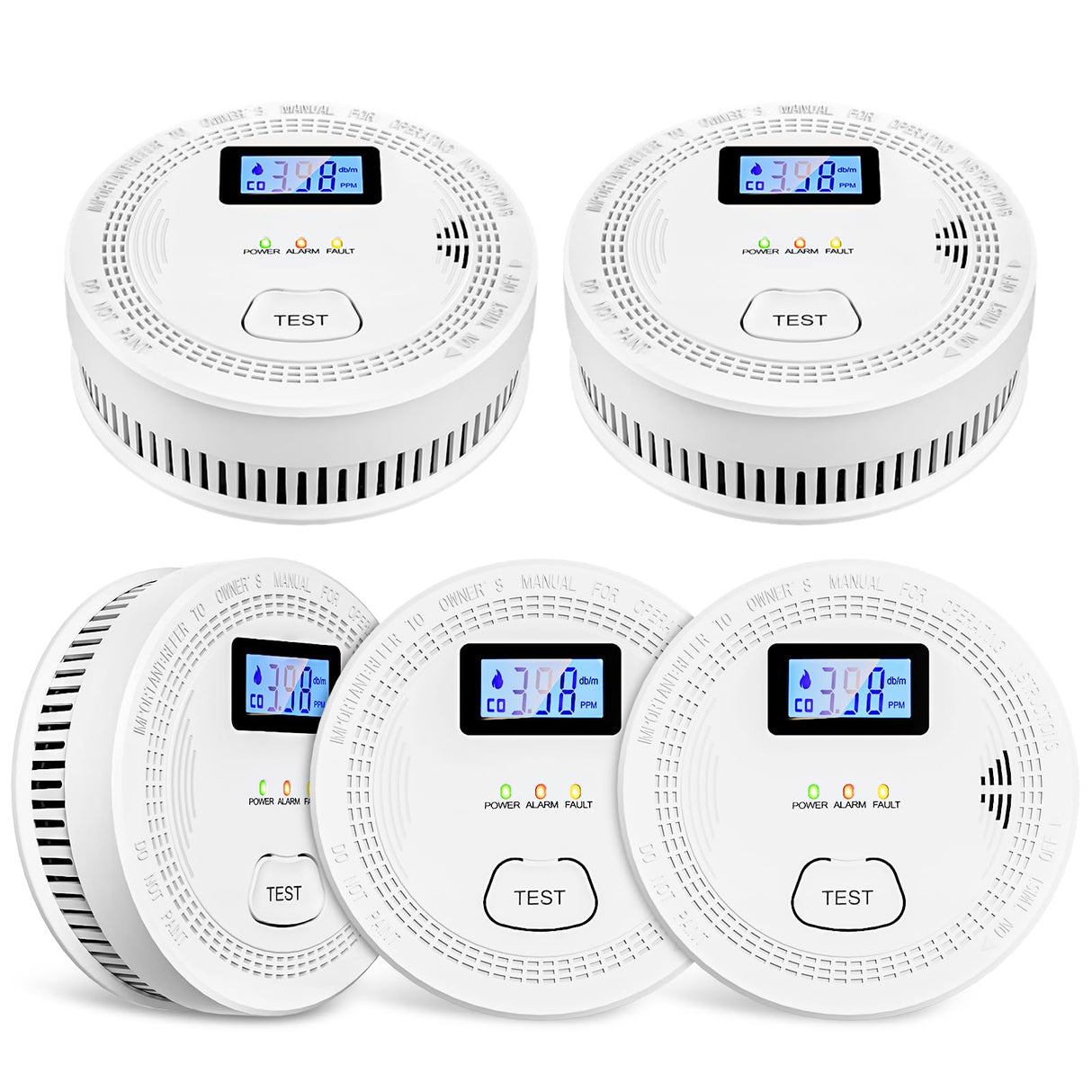 5 Packs, Smoke Combination CO Alarm,2-in-1 Detection, CO Detector,Smoke Detector,Battery Powered CO Alarm with LEDs,Digital Display,Test Button,Low Battery Warning,85db Alarm,Flexible Installation