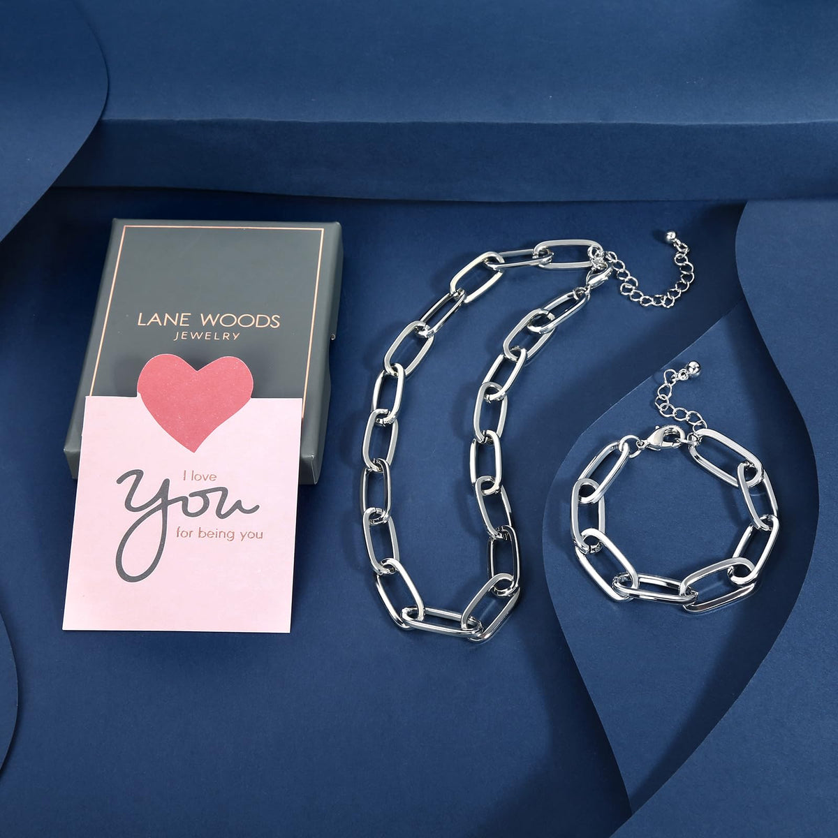 LANE WOODS Chunky Gold Necklace and Bracelet Set for Women, Paperclip Chain
