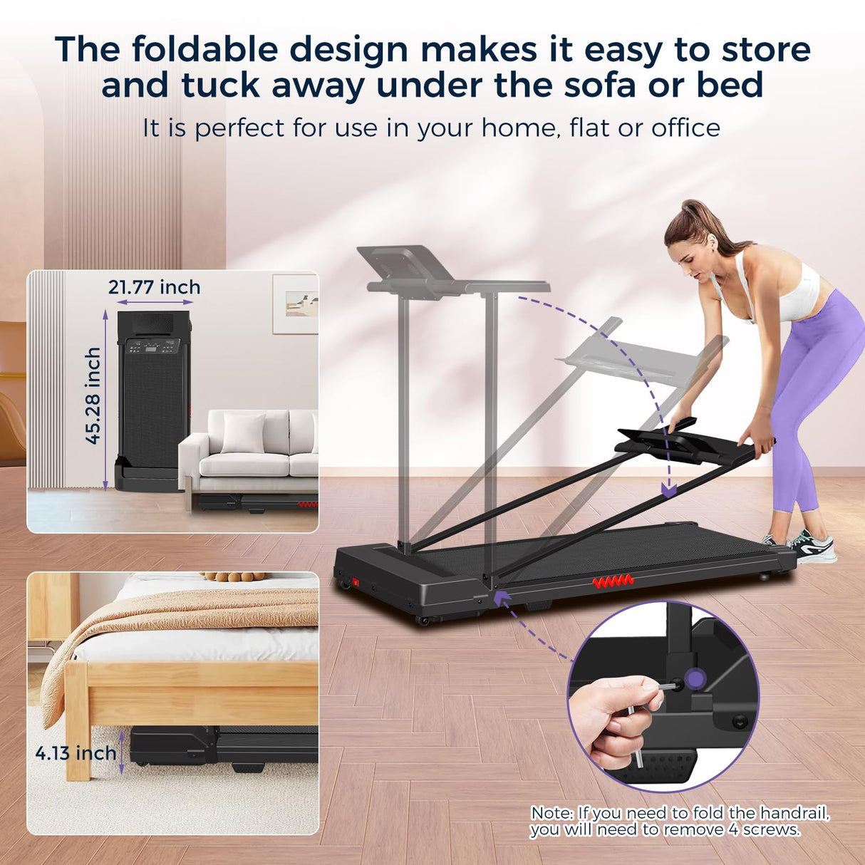 mudfac Walking Pad with Handle Bar, 3.0HP Under Desk Treadmill for Home Small with LED Display. Foldable Walking Pad Treadmill 300+ lb Capacity. Portable Workout Equipment for Home Exercise Fitness