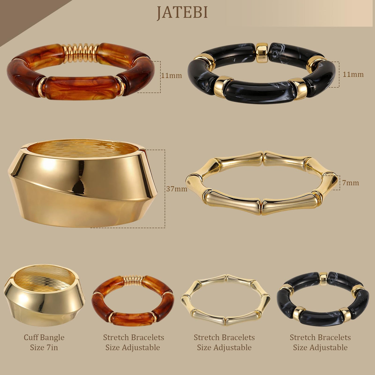 JATEBI 4 Pcs Chunky Acrylic Bangle Bracelets for Women (Black)