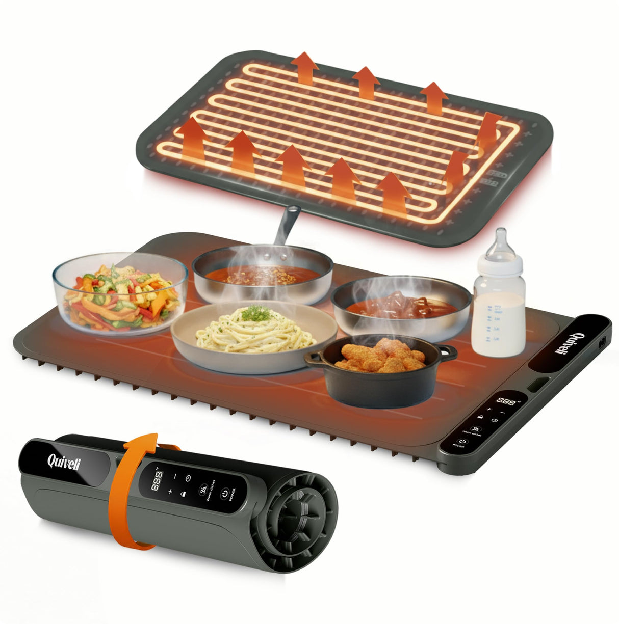 Quiveli Electric Food Warming Mat for Buffet - 24"x15" with Child Lock, Timer, 3 Preset Temp - Fast & Even Heating Foldable Warming Mats for Food Dishes - Food Heating Pad for Kitchen Counter