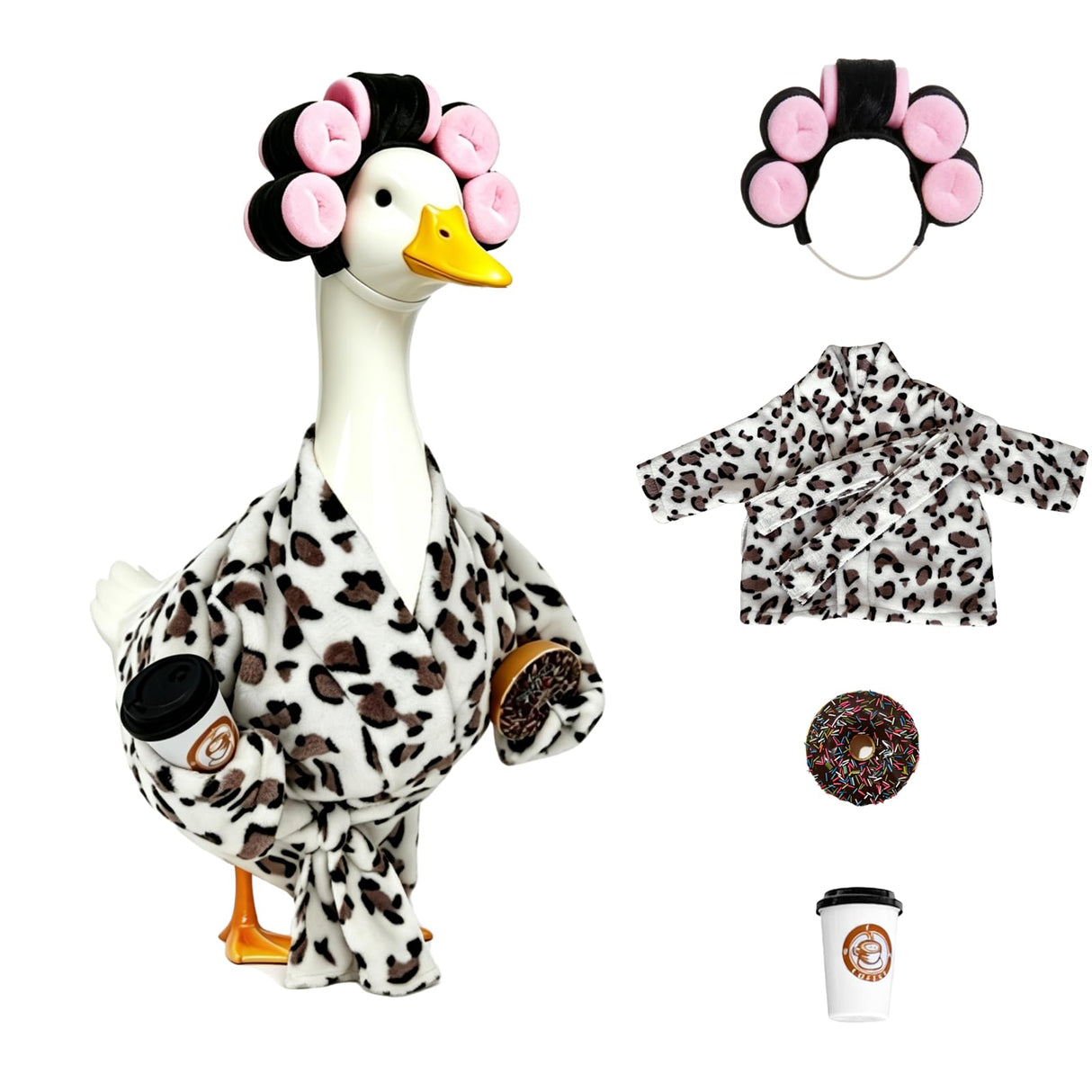 GSPIM Leopard Print Robe Porch Goose Outfits for 23" Goose Statue Funny Retro Home Patio Decor with Hair Curlers Bath Robe Waist Belt Coffee Cup Donut (Leopard Print Bathrobe)