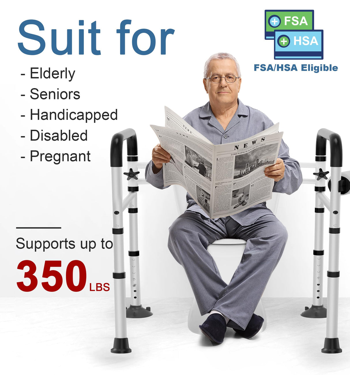 Toilet Safety Rails for Seniors (350 LBS), Adjustable Toilet Safety Frame for Elderly and Disabled, FSA HSA Eligible Foldable Handicap Toilet Assistance Rail Fits Most Toilets, Matte Black