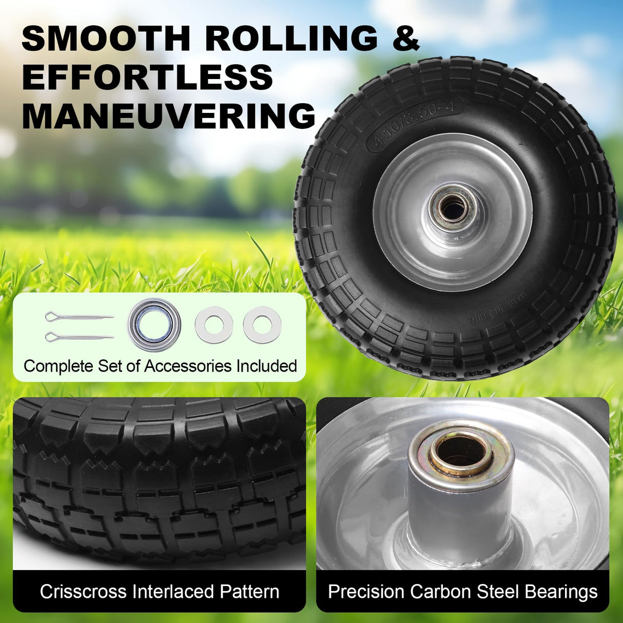 Storystore 2-Pack 4.10/3.50-4 Tire and Wheel - 10 Inch Solid Rubber Tire Wheels with 5/8" Bearings, 2.2" Offset Hub for Hand Truck, Trolley Dolly, Garden Cart and Wheelbarrow