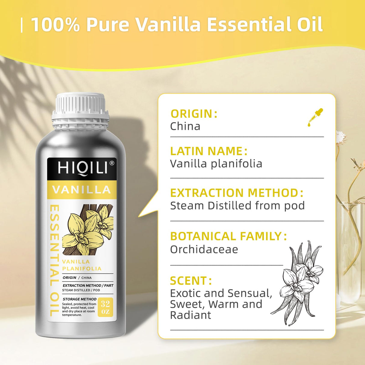 HIQILI 32 Ounces Vanilla Essential Oil, Strong Fragrance for Body Lotion, Candle Making, Soap, Aromatherapy-32 Fl Oz