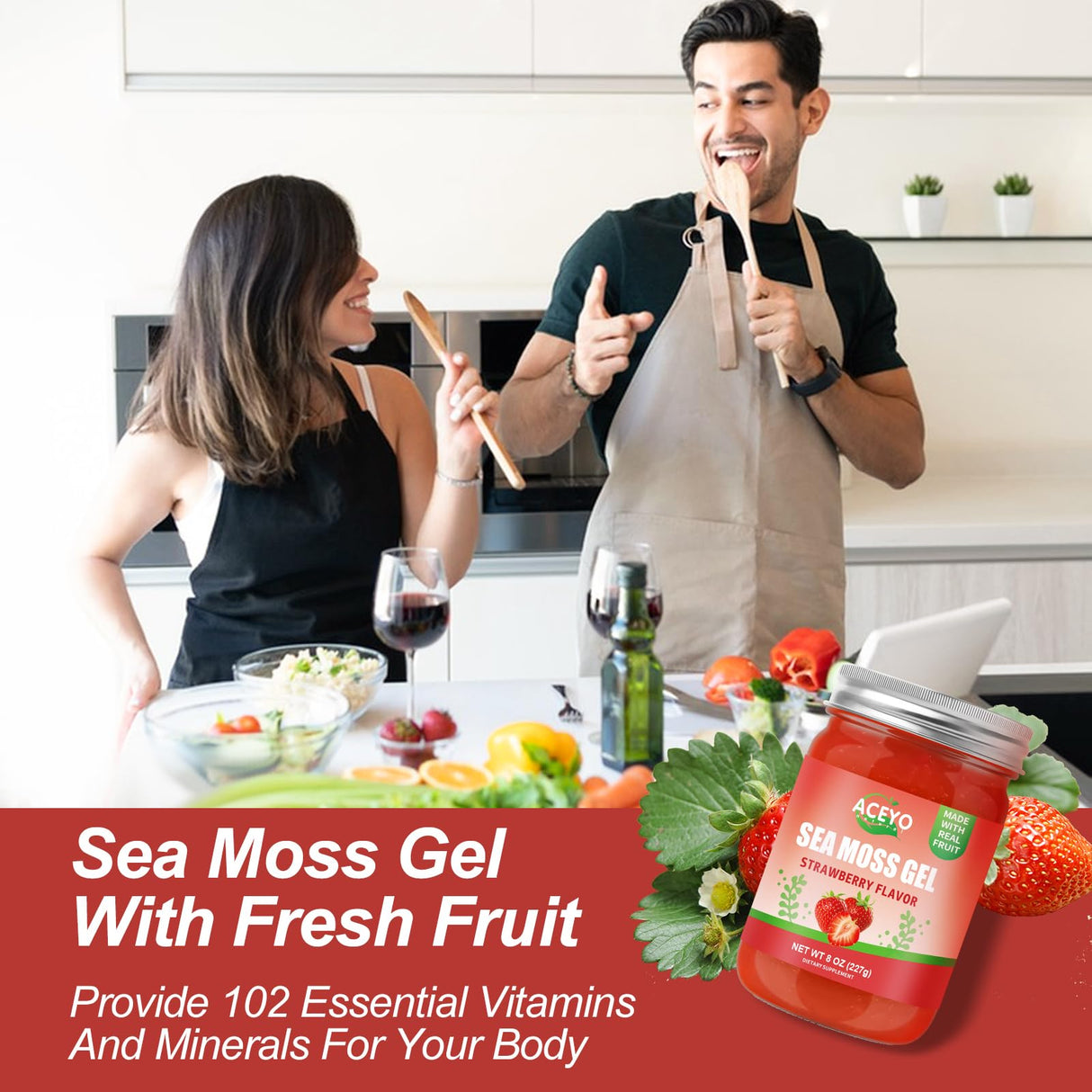 (8 OZ) Natural Sea Moss Gel Raw Strawberry Flavor Irish Seamoss Gel Vegan Women Men 102 Vitamins and Minerals Wild Harvested Non-GMO Immune Defense Booster Lung Thyroid Digestive Support