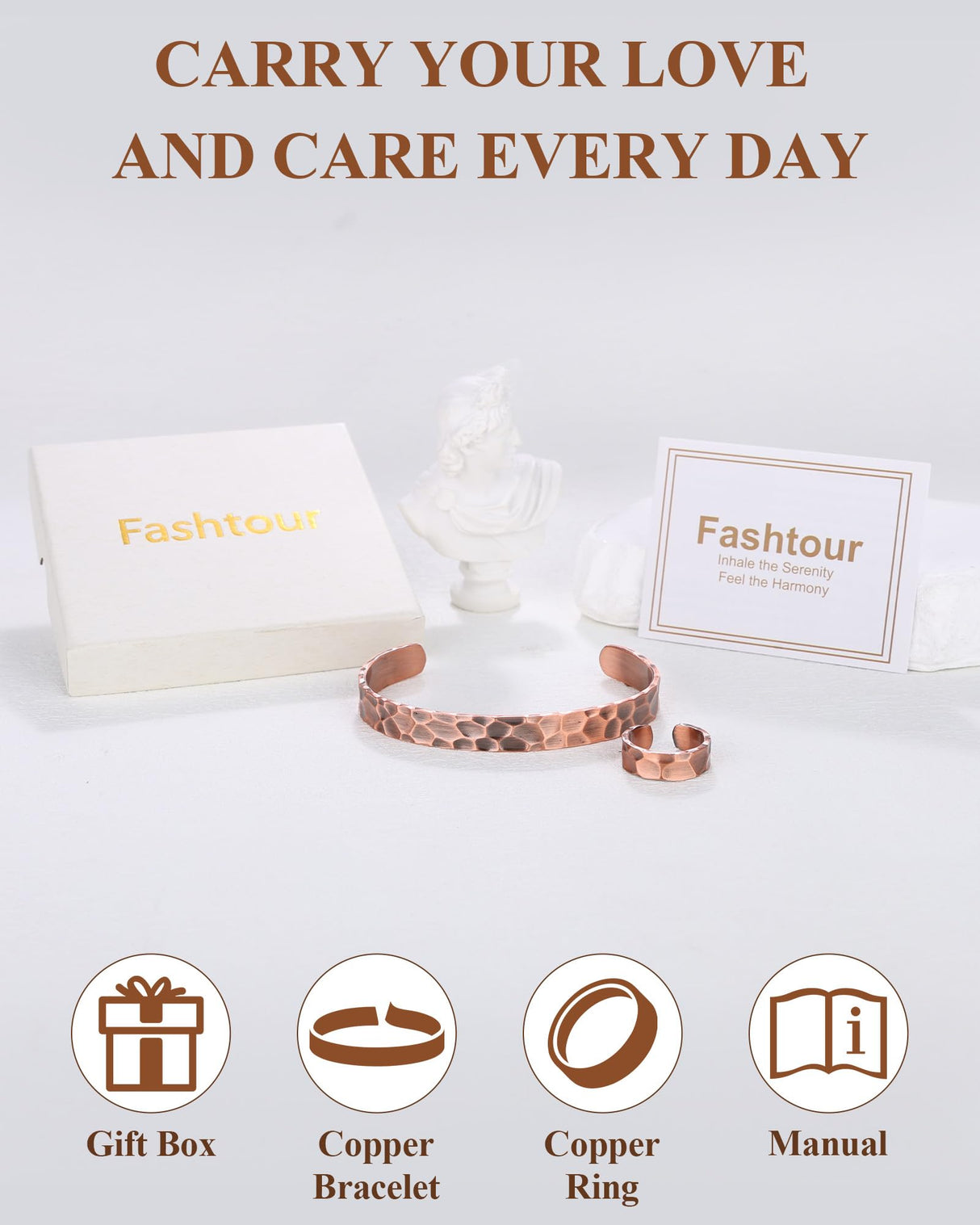 Fashtour Pure Copper Bracelet & Ring Set for Men & Women, Handmade
