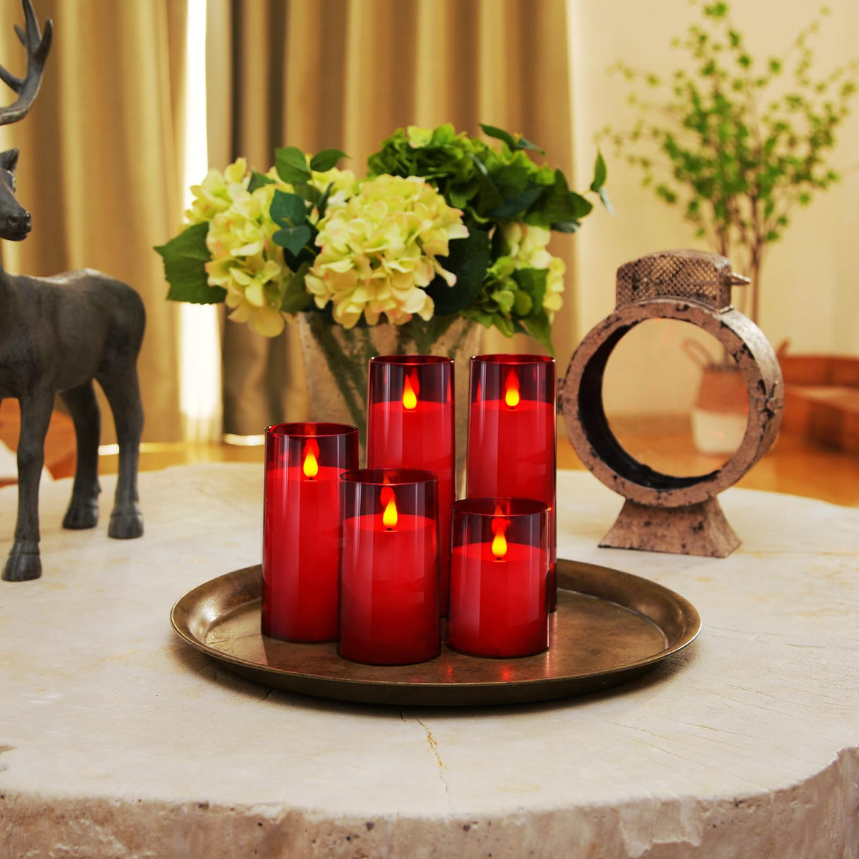 Homemory Christmas Red Flickering Flameless Candles, Battery Operated Acrylic LED Pillar Candles with Remote Control and Timer, Set of 5