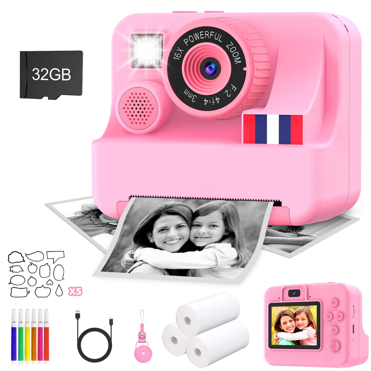 Yosfeng Instant Print Camera for Kids - Christmas Birthday Girls Gifts for Age 3 4 5 6 7 8 9 10 Year Old, 2.4 Inch Screen Kids Instant Camera, Kid Digital Video Cameras Toys with 32 GB SD Card
