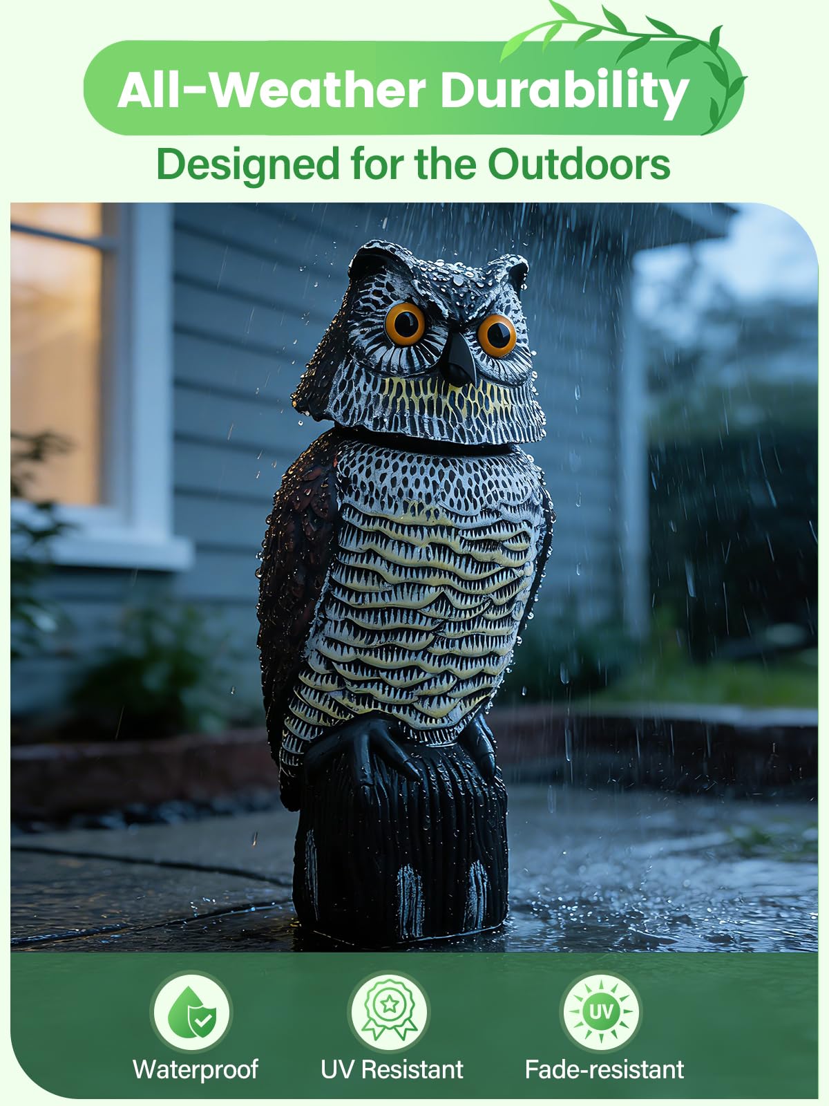 Pestvanish Owl Decoys to Scare Birds Squirrels Away, 360 Rotating Head Activated, Fake Owl Statues Repellent Pest Hawk Squirrel Cats Chickens Pigeon Bird Deterrents for Outside Garden Patios Backyard