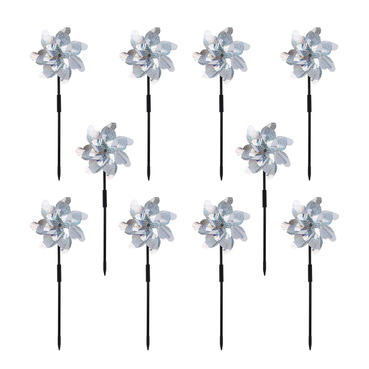FameFame 10 Pack Reflective Pinwheels with Plastic Stakes| 19.7 inch Pre-Assembled Sparkle Pin Wheel Set | Scare Off Birds and Animals Away | Decorative for Garden, Yard, Lawn