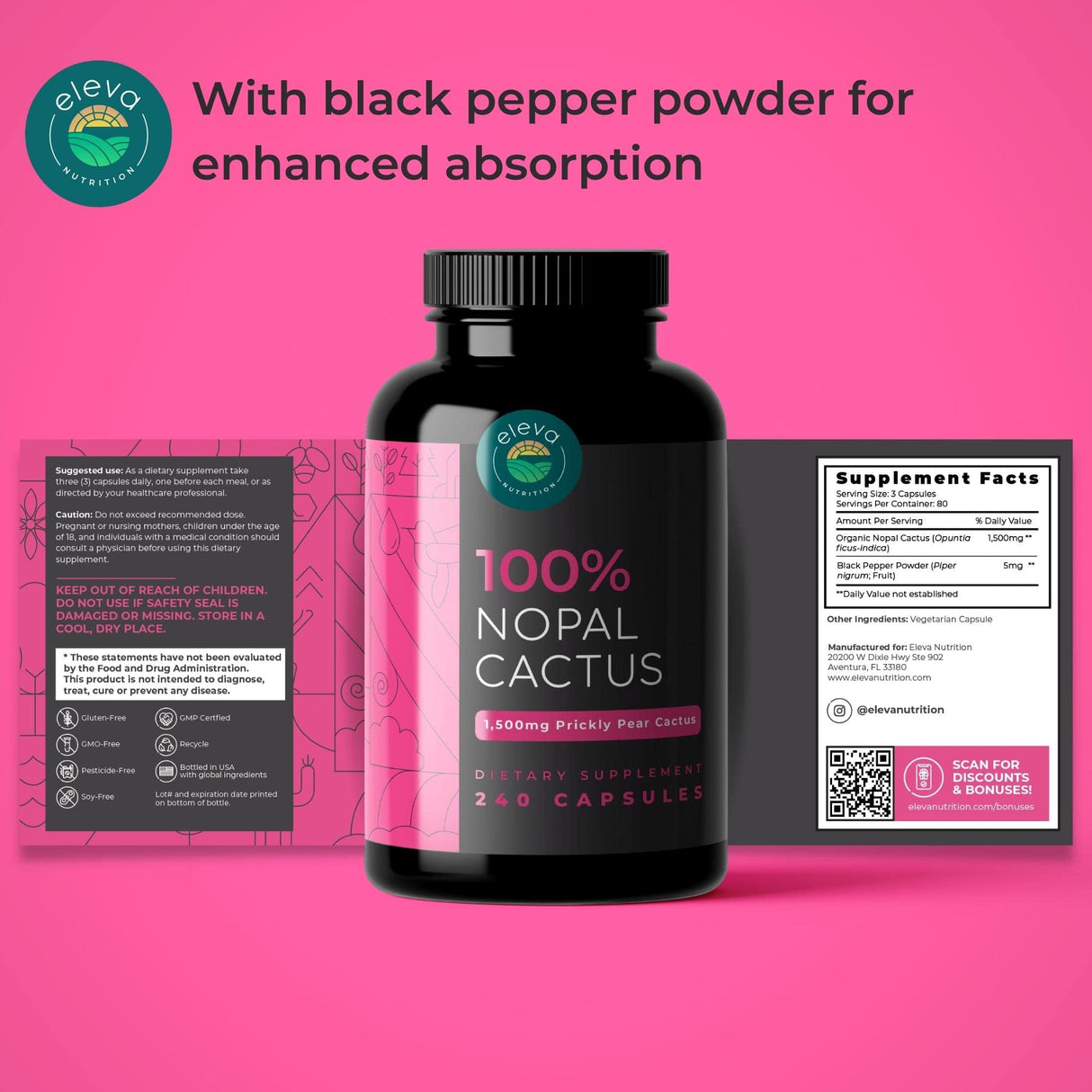 Nopal Cactus Capsules 1500mg- Organic Sun-Dried Prickly Pear Cactus Fruit Powder & Black Pepper Extract for Absorption- Natural Prickly Pear Super Supplement- Fiber, Vitamins and Minerals 240 Capsules