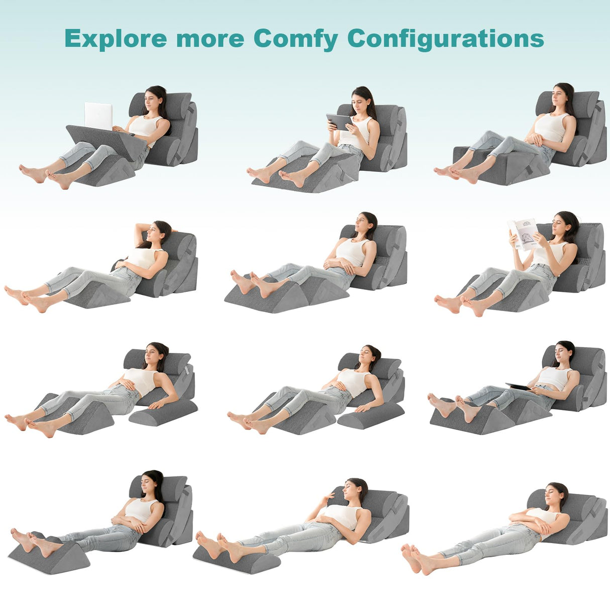 Hansleep 6PCS Orthopedic Bed Wedge Pillow for Sleeping, Adjustable Post Surgery Pillow Set for Body, Back and Leg Pain Relief, Memory Foam Support Pillows for After Surgery, Grey