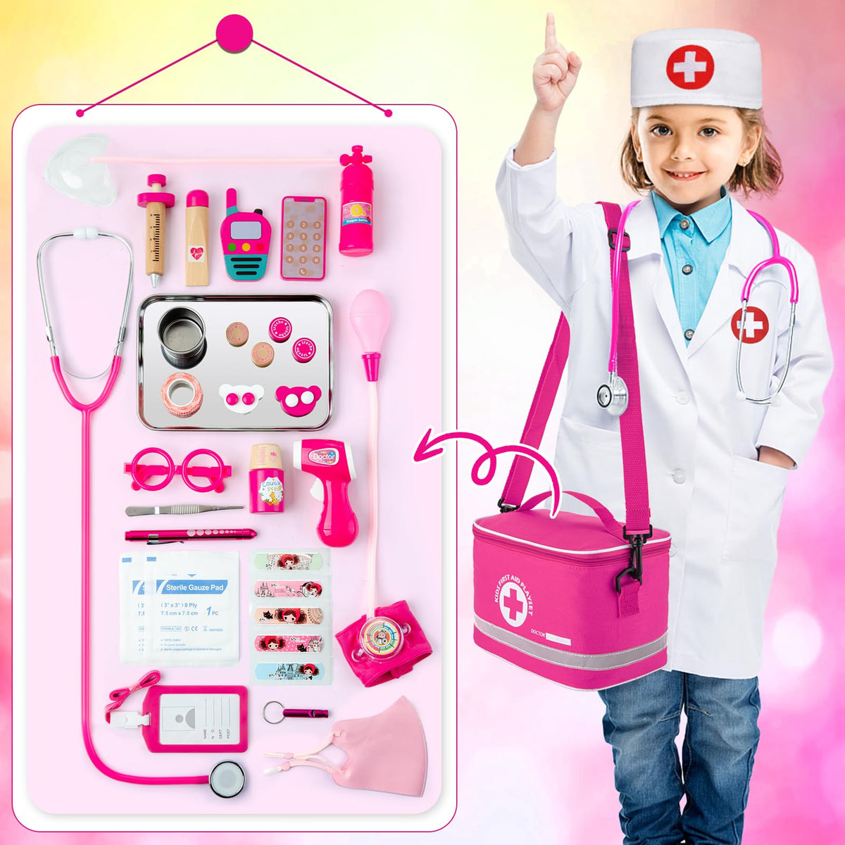 EFO SHM Doctor Kit for Kids Girls, 34 Pcs Kids Doctor Kit for Toddlers 3-5 with Medical Storage Bag & Real Stethoscope, Pretend Play Set for Boys Girls Fun Role Playing Game