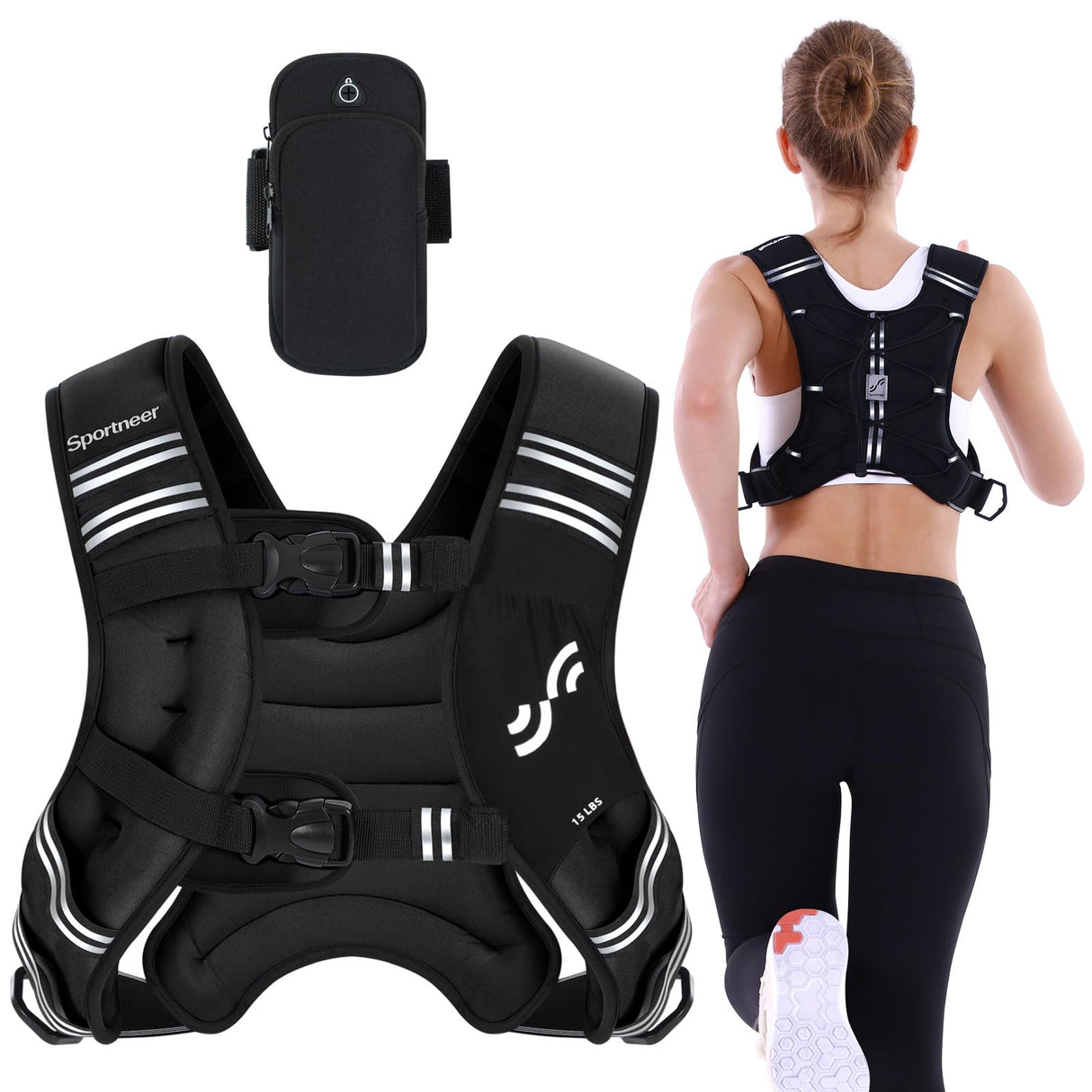 Weighted Vest for Men and Women: Sportneer 15lbs Weight Vest with Reflective Stripe Running Vest with Large Pocket for Cardio Workout Strength Training Fitness Muscle Building Weight Loss Weightlifting Black