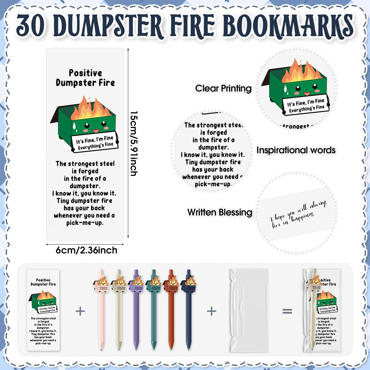 Sayglossy 30 Sets Dumpster Fire Gifts Funny Dumpster Fire Ballpoint Pens and Bookmarks Bulk Emotional Support Gift for Christmas Office Desk Accessories Work Coworkers Team Employee Staff Teachers