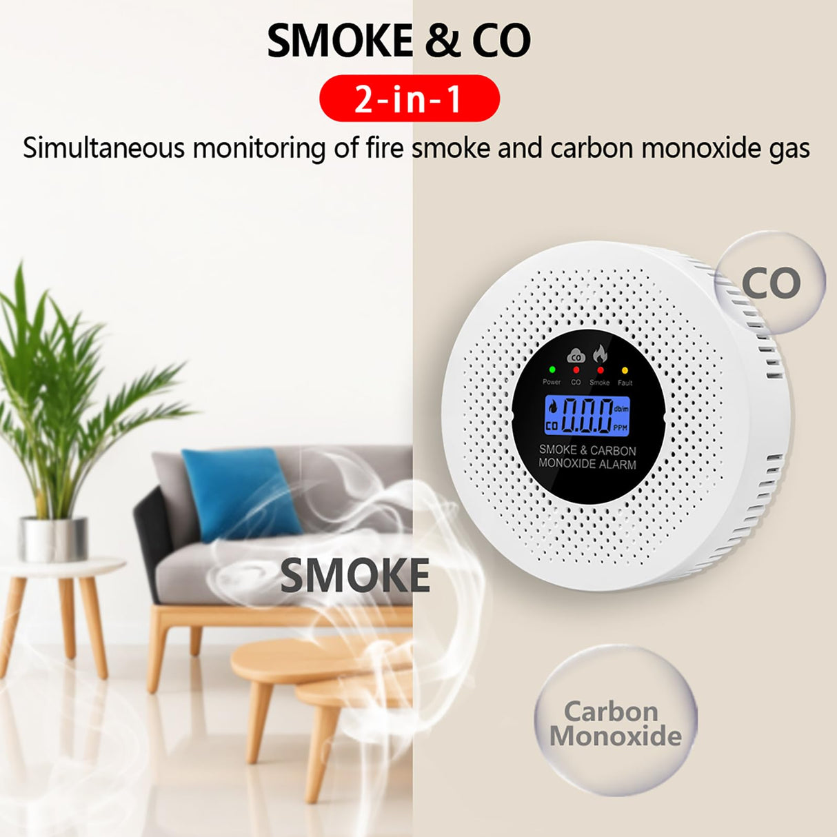 Smoke Detector Carbon Monoxide Gas Alarm, Fire Carbon Monoxide (CO) Detector 2 in 1 with Digital Display and Sound Light Alarm, Portable Battery Operated Suitable for Bedroom Kitchen or Travel