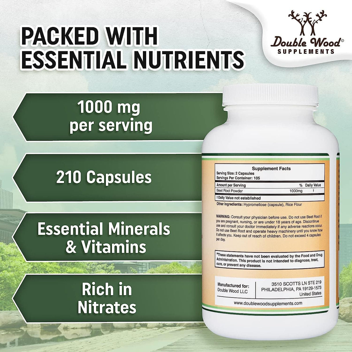 Beet Root Powder Capsules (Organic and Vegan) (210 Count, 1,000mg Per Serving) - Super Food from Beets with High Nitrate for Overall Health Support by Double Wood